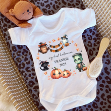 Load image into Gallery viewer, Personalised First Halloween Baby Vest My first Halloween Babygrow Pumpkin Baby&#39;s First Halloween Trick or Treat 1st Halloween Personalised Romper
