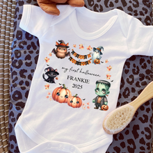 Load image into Gallery viewer, Personalised First Halloween Baby Vest My first Halloween Babygrow Pumpkin Baby&#39;s First Halloween Trick or Treat 1st Halloween Personalised Romper
