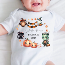Load image into Gallery viewer, Personalised First Halloween Baby Vest My first Halloween Babygrow Pumpkin Baby&#39;s First Halloween Trick or Treat 1st Halloween Personalised Romper

