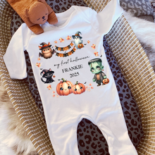 Load image into Gallery viewer, Personalised First Halloween Baby Vest My first Halloween Babygrow Pumpkin Baby&#39;s First Halloween Trick or Treat 1st Halloween Personalised Romper
