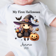 Load image into Gallery viewer, Personalised First Halloween Baby Vest My first Halloween Babygrow Pumpkin Baby&#39;s First Halloween Trick or Treat 1st Halloween Personalised Romper
