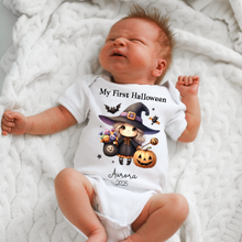 Load image into Gallery viewer, Personalised First Halloween Baby Vest My first Halloween Babygrow Pumpkin Baby&#39;s First Halloween Trick or Treat 1st Halloween Personalised Romper
