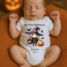 Load image into Gallery viewer, Personalised First Halloween Baby Vest My first Halloween Babygrow Pumpkin Baby&#39;s First Halloween Trick or Treat 1st Halloween Personalised Romper
