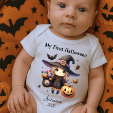 Load image into Gallery viewer, Personalised First Halloween Baby Vest My first Halloween Babygrow Pumpkin Baby&#39;s First Halloween Trick or Treat 1st Halloween Personalised Romper
