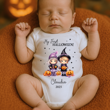 Load image into Gallery viewer, Personalised First Halloween Baby Vest My first Halloween Babygrow Pumpkin Baby&#39;s First Halloween Trick or Treat 1st Halloween Personalised Romper (Copy)
