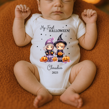 Load image into Gallery viewer, Personalised First Halloween Baby Vest My first Halloween Babygrow Pumpkin Baby&#39;s First Halloween Trick or Treat 1st Halloween Personalised Romper (Copy)
