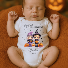 Load image into Gallery viewer, Personalised First Halloween Baby Vest My first Halloween Babygrow Pumpkin Baby&#39;s First Halloween Trick or Treat 1st Halloween Personalised Romper (Copy)
