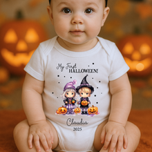 Load image into Gallery viewer, Personalised First Halloween Baby Vest My first Halloween Babygrow Pumpkin Baby&#39;s First Halloween Trick or Treat 1st Halloween Personalised Romper (Copy)
