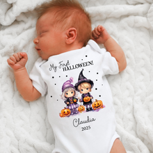 Load image into Gallery viewer, Personalised First Halloween Baby Vest My first Halloween Babygrow Pumpkin Baby&#39;s First Halloween Trick or Treat 1st Halloween Personalised Romper (Copy)
