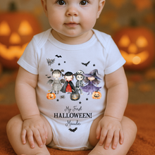Load image into Gallery viewer, Personalised First Halloween Baby Vest My first Halloween Babygrow Pumpkin Baby&#39;s First Halloween Trick or Treat 1st Halloween Personalised Romper
