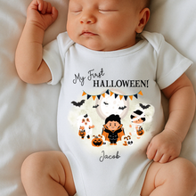 Load image into Gallery viewer, Personalised First Halloween Baby Vest My first Halloween Babygrow Pumpkin Baby&#39;s First Halloween Trick or Treat 1st Halloween Personalised Romper
