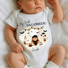 Load image into Gallery viewer, Personalised First Halloween Baby Vest My first Halloween Babygrow Pumpkin Baby&#39;s First Halloween Trick or Treat 1st Halloween Personalised Romper
