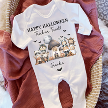 Load image into Gallery viewer, Personalised First Halloween Baby Vest My first Halloween Babygrow Pumpkin Baby&#39;s First Halloween Trick or Treat 1st Halloween Personalised Romper

