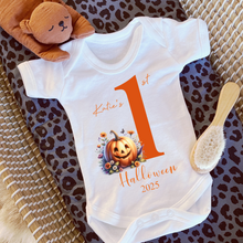 Load image into Gallery viewer, Personalised First Halloween Baby Vest My first Halloween Babygrow Pumpkin Baby&#39;s First Halloween Trick or Treat 1st Halloween Personalised Romper
