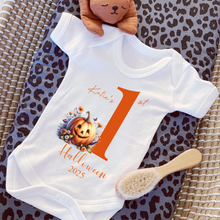 Load image into Gallery viewer, Personalised First Halloween Baby Vest My first Halloween Babygrow Pumpkin Baby&#39;s First Halloween Trick or Treat 1st Halloween Personalised Romper
