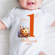 Load image into Gallery viewer, Personalised First Halloween Baby Vest My first Halloween Babygrow Pumpkin Baby&#39;s First Halloween Trick or Treat 1st Halloween Personalised Romper
