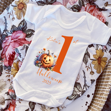 Load image into Gallery viewer, Personalised First Halloween Baby Vest My first Halloween Babygrow Pumpkin Baby&#39;s First Halloween Trick or Treat 1st Halloween Personalised Romper
