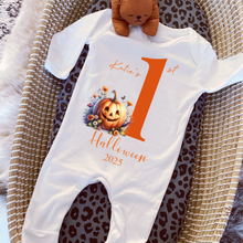 Load image into Gallery viewer, Personalised First Halloween Baby Vest My first Halloween Babygrow Pumpkin Baby&#39;s First Halloween Trick or Treat 1st Halloween Personalised Romper
