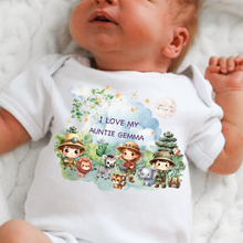 Load image into Gallery viewer, Personalised Baby Sleepsuit Baby Vest, I Love My Mummy Daddy Auntie, Safari Animal Design, Baby Shower Gift, Custom Safari Baby Outfit, Elephants Tigers Lions
