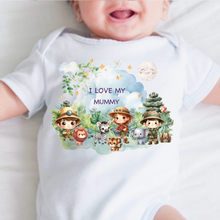 Load image into Gallery viewer, Personalised Baby Sleepsuit Baby Vest, I Love My Mummy Daddy Auntie, Safari Animal Design, Baby Shower Gift, Custom Safari Baby Outfit, Elephants Tigers Lions
