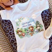 Load image into Gallery viewer, Personalised Baby Sleepsuit Baby Vest, I Love My Mummy Daddy Auntie, Safari Animal Design, Baby Shower Gift, Custom Safari Baby Outfit, Elephants Tigers Lions
