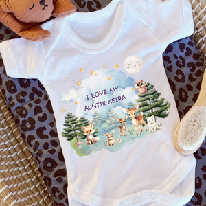 Personalised Baby Sleepsuit Baby Vest, I Love My Mummy Daddy Auntie, Woodland Animal Design, Baby Shower Gift
