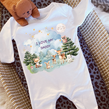 Load image into Gallery viewer, Personalised Baby Sleepsuit Baby Vest, I Love My Mummy Daddy Auntie, Woodland Animal Design, Baby Shower Gift
