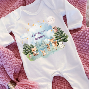 Personalised Baby Sleepsuit Baby Vest, I Love My Mummy Daddy Auntie, Woodland Animal Design, Baby Shower Gift