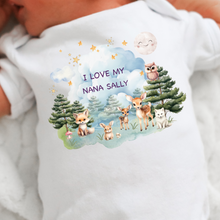 Load image into Gallery viewer, Personalised Baby Sleepsuit Baby Vest, I Love My Mummy Daddy Auntie, Woodland Animal Design, Baby Shower Gift
