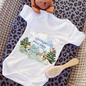Personalised Baby Sleepsuit Baby Vest, I Love My Mummy Daddy Auntie, Woodland Animal Design, Baby Shower Gift