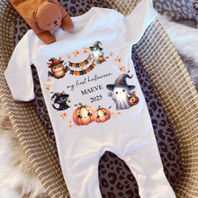 Load image into Gallery viewer, Personalised First Halloween Baby Vest My first Halloween Babygrow Pumpkin Baby&#39;s First Halloween Trick or Treat 1st Halloween Personalised Romper
