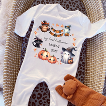 Load image into Gallery viewer, Personalised First Halloween Baby Vest My first Halloween Babygrow Pumpkin Baby&#39;s First Halloween Trick or Treat 1st Halloween Personalised Romper
