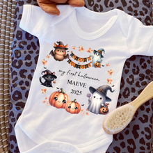 Load image into Gallery viewer, Personalised First Halloween Baby Vest My first Halloween Babygrow Pumpkin Baby&#39;s First Halloween Trick or Treat 1st Halloween Personalised Romper

