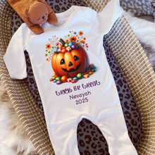 Load image into Gallery viewer, Personalised First Halloween Baby Vest My first Halloween Babygrow Pumpkin Baby&#39;s First Halloween Trick or Treat 1st Halloween Personalised Romper
