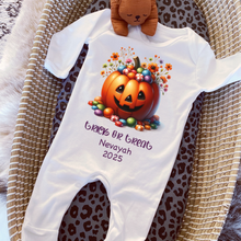 Load image into Gallery viewer, Personalised First Halloween Baby Vest My first Halloween Babygrow Pumpkin Baby&#39;s First Halloween Trick or Treat 1st Halloween Personalised Romper
