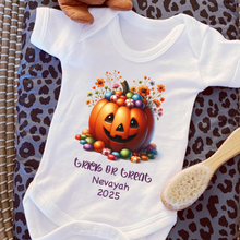 Load image into Gallery viewer, Personalised First Halloween Baby Vest My first Halloween Babygrow Pumpkin Baby&#39;s First Halloween Trick or Treat 1st Halloween Personalised Romper
