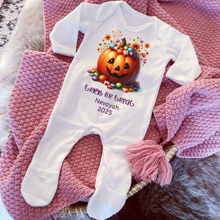Load image into Gallery viewer, Personalised First Halloween Baby Vest My first Halloween Babygrow Pumpkin Baby&#39;s First Halloween Trick or Treat 1st Halloween Personalised Romper
