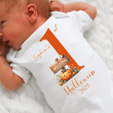 Load image into Gallery viewer, Personalised First Halloween Baby Vest My first Halloween Babygrow Pumpkin Baby&#39;s First Halloween Trick or Treat 1st Halloween Personalised Romper
