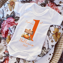 Load image into Gallery viewer, Personalised First Halloween Baby Vest My first Halloween Babygrow Pumpkin Baby&#39;s First Halloween Trick or Treat 1st Halloween Personalised Romper
