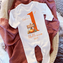 Load image into Gallery viewer, Personalised First Halloween Baby Vest My first Halloween Babygrow Pumpkin Baby&#39;s First Halloween Trick or Treat 1st Halloween Personalised Romper
