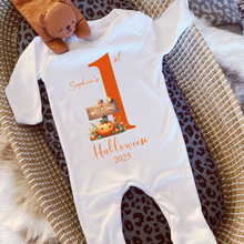 Load image into Gallery viewer, Personalised First Halloween Baby Vest My first Halloween Babygrow Pumpkin Baby&#39;s First Halloween Trick or Treat 1st Halloween Personalised Romper
