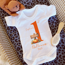 Load image into Gallery viewer, Personalised First Halloween Baby Vest My first Halloween Babygrow Pumpkin Baby&#39;s First Halloween Trick or Treat 1st Halloween Personalised Romper
