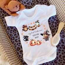 Load image into Gallery viewer, Personalised First Halloween Baby Vest My first Halloween Babygrow Pumpkin Baby&#39;s First Halloween Trick or Treat 1st Halloween Personalised Romper
