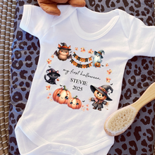 Load image into Gallery viewer, Personalised First Halloween Baby Vest My first Halloween Babygrow Pumpkin Baby&#39;s First Halloween Trick or Treat 1st Halloween Personalised Romper
