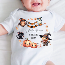 Load image into Gallery viewer, Personalised First Halloween Baby Vest My first Halloween Babygrow Pumpkin Baby&#39;s First Halloween Trick or Treat 1st Halloween Personalised Romper
