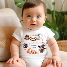 Load image into Gallery viewer, Personalised First Halloween Baby Vest My first Halloween Babygrow Pumpkin Baby&#39;s First Halloween Trick or Treat 1st Halloween Personalised Romper
