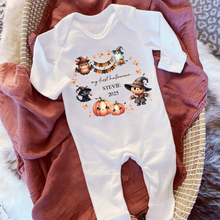 Load image into Gallery viewer, Personalised First Halloween Baby Vest My first Halloween Babygrow Pumpkin Baby&#39;s First Halloween Trick or Treat 1st Halloween Personalised Romper
