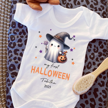 Load image into Gallery viewer, Personalised First Halloween Baby Vest My first Halloween Babygrow Pumpkin Baby&#39;s First Halloween Trick or Treat 1st Halloween Personalised Romper
