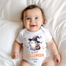 Load image into Gallery viewer, Personalised First Halloween Baby Vest My first Halloween Babygrow Pumpkin Baby&#39;s First Halloween Trick or Treat 1st Halloween Personalised Romper

