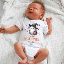 Load image into Gallery viewer, Personalised First Halloween Baby Vest My first Halloween Babygrow Pumpkin Baby&#39;s First Halloween Trick or Treat 1st Halloween Personalised Romper
